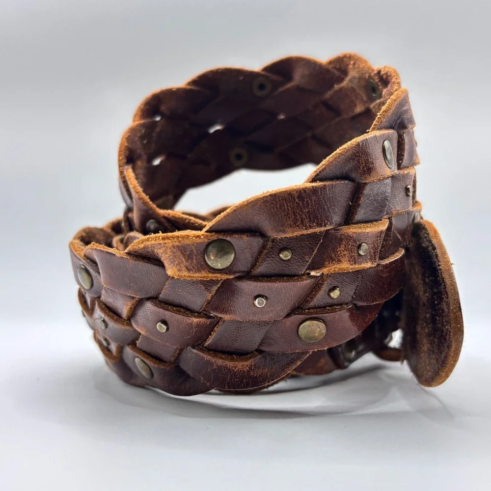 Vintage Wide Braided‎ Brown Leather Studded Belt Round Buckle Mahogany 1.75in OS
